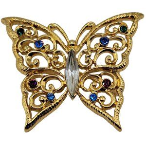 Monet Gold-Tone Blue Rhinestone Butterfly Brooch, Signed